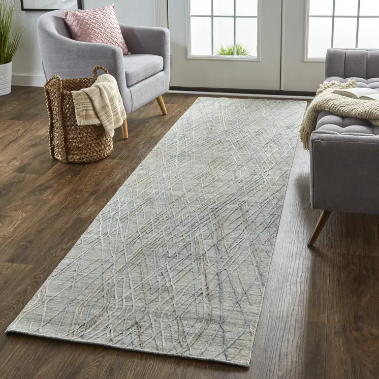 8' Blue and Gray Abstract Hand Woven Runner Rug