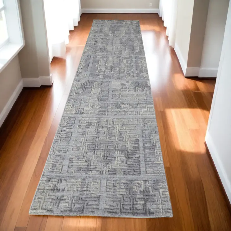 10' Gray and Ivory Abstract Hand Woven Runner Rug