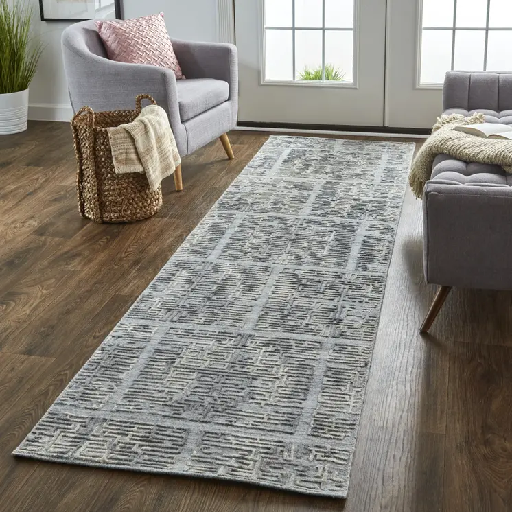 8' Gray and Ivory Abstract Hand Woven Runner Rug