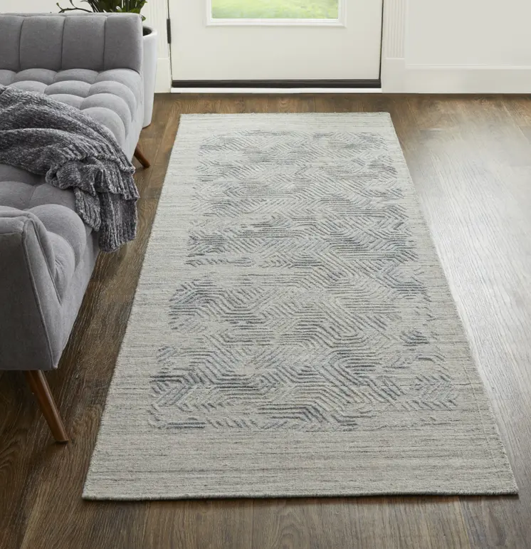 10' Blue and Gray Abstract Hand Woven Runner Rug