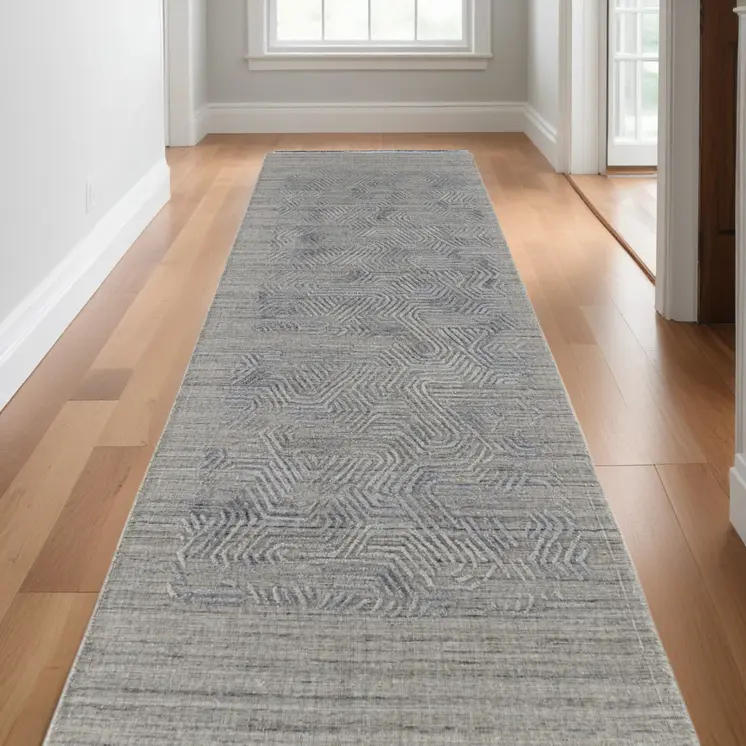 10' Blue and Gray Abstract Hand Woven Runner Rug