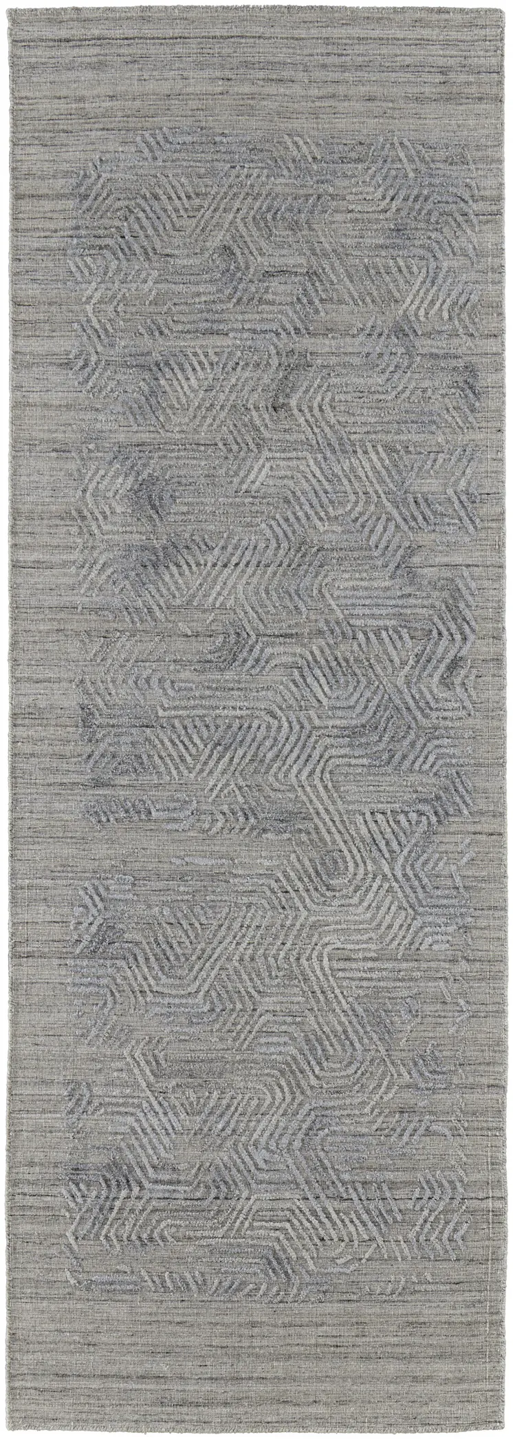 8' Gray and Blue Abstract Hand Woven Runner Rug