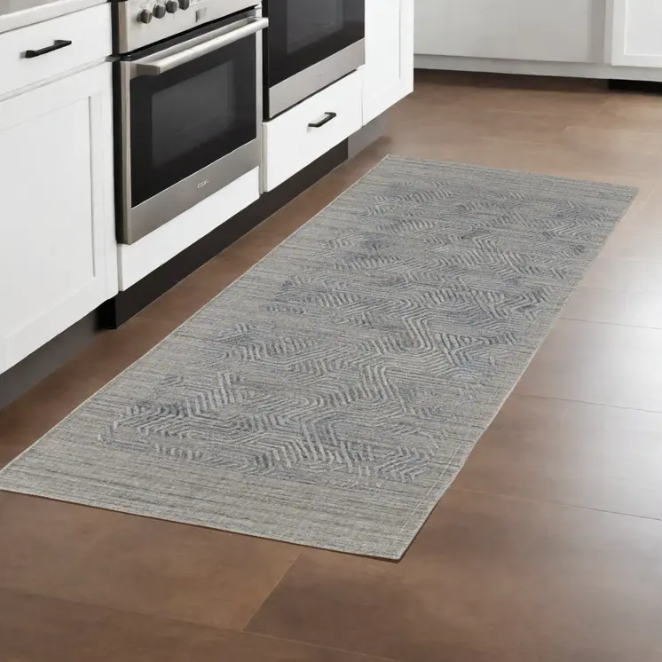 8' Gray and Blue Abstract Hand Woven Runner Rug