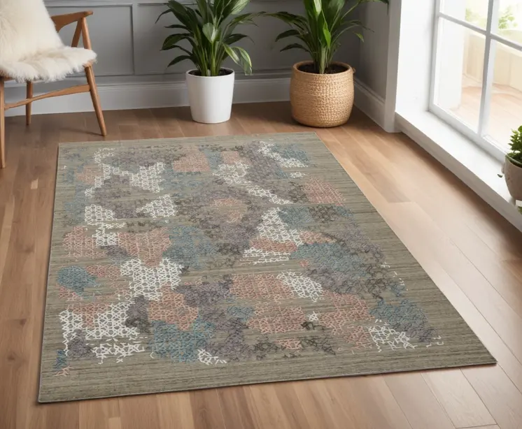4' X 6' Pink and Blue Abstract Hand Woven Distressed Area Rug