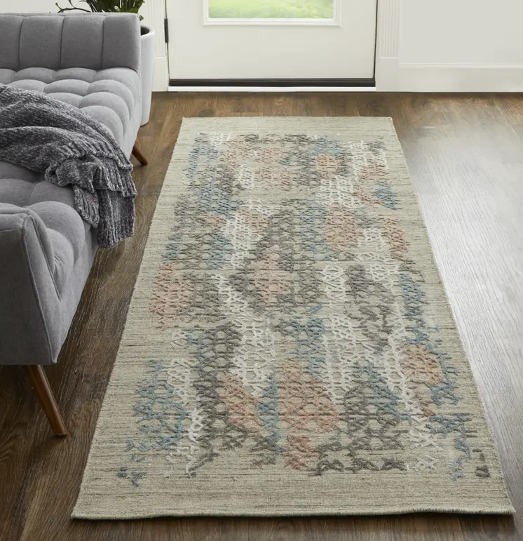 10' Pink Blue And Taupe Abstract Hand Woven Runner Rug