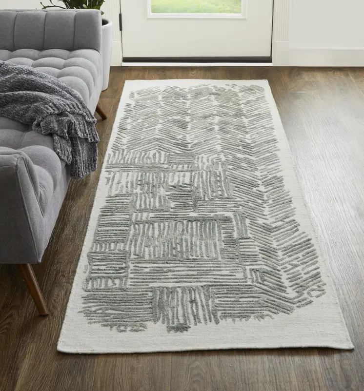 10' Blue and Ivory Abstract Hand Woven Runner Rug