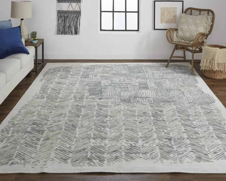 12' X 15' Green Blue And Ivory Abstract Hand Woven Distressed Area Rug