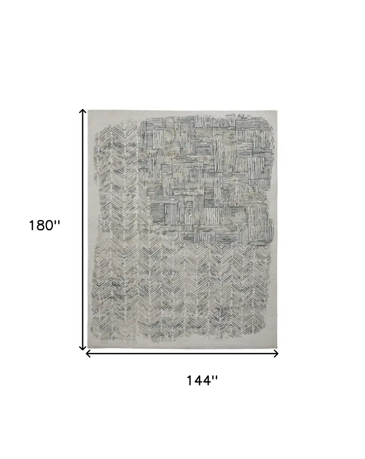12' X 15' Green Blue And Ivory Abstract Hand Woven Distressed Area Rug