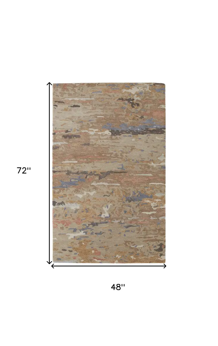 4' X 6' Tan And Blue Wool Abstract Tufted Handmade Stain Resistant Area Rug