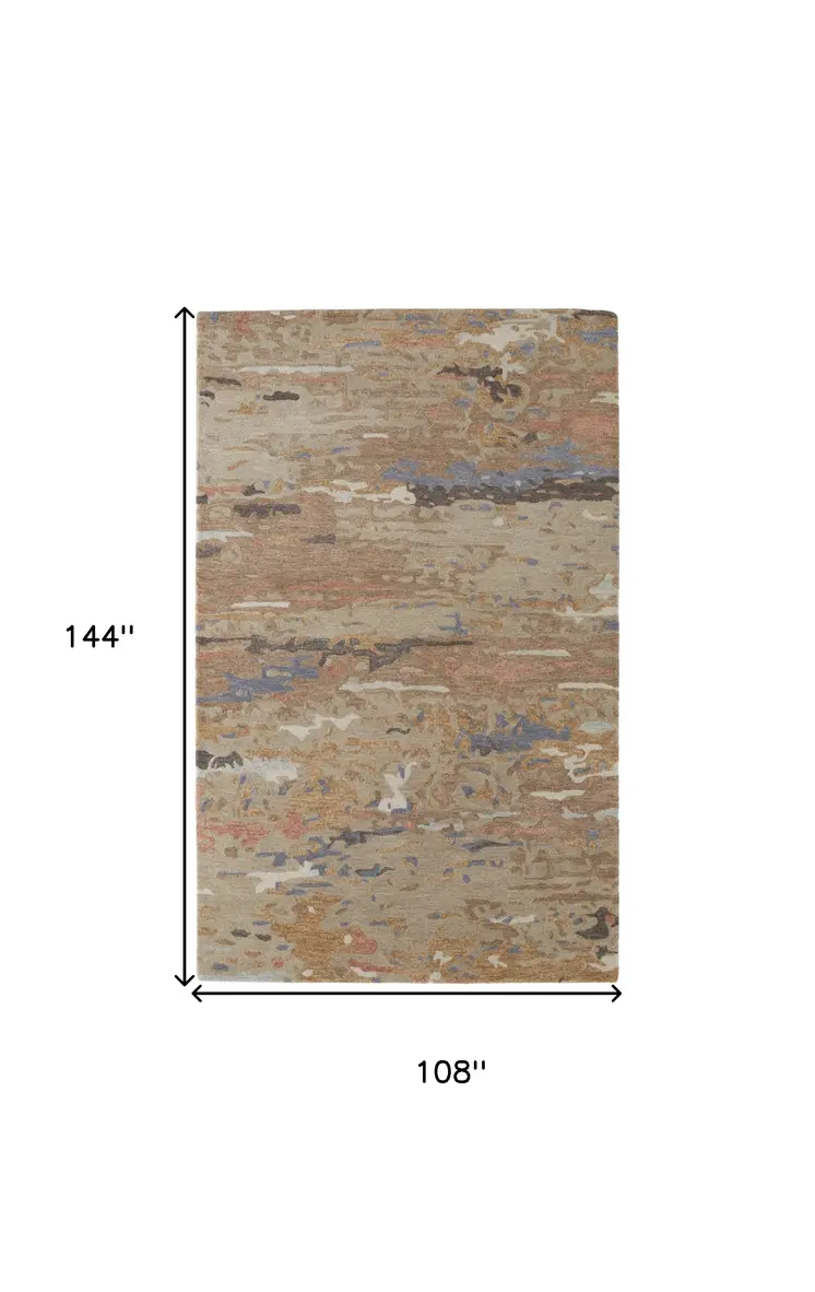 9' X 12' Tan And Blue Wool Abstract Tufted Handmade Stain Resistant Area Rug
