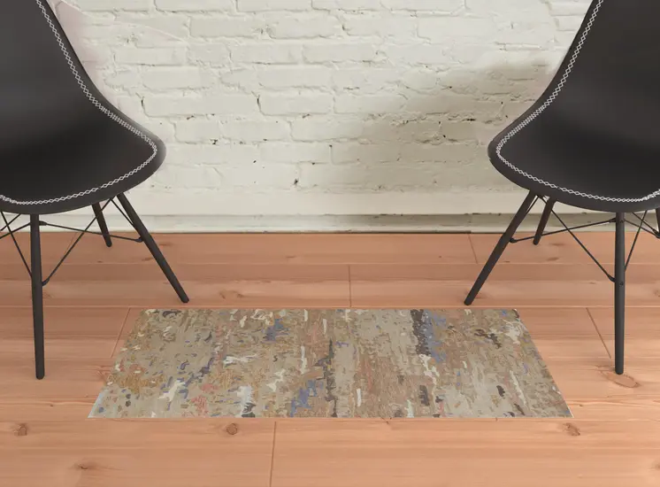 2' X 3' Tan And Blue Wool Abstract Tufted Handmade Stain Resistant Area Rug