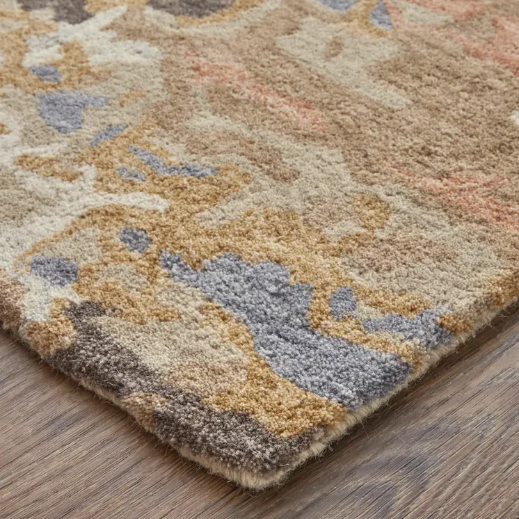 2' X 3' Tan And Blue Wool Abstract Tufted Handmade Stain Resistant Area Rug