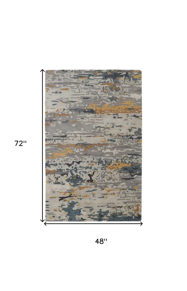 4' X 6' Gray Yellow And Blue Wool Abstract Tufted Handmade Stain Resistant Area Rug