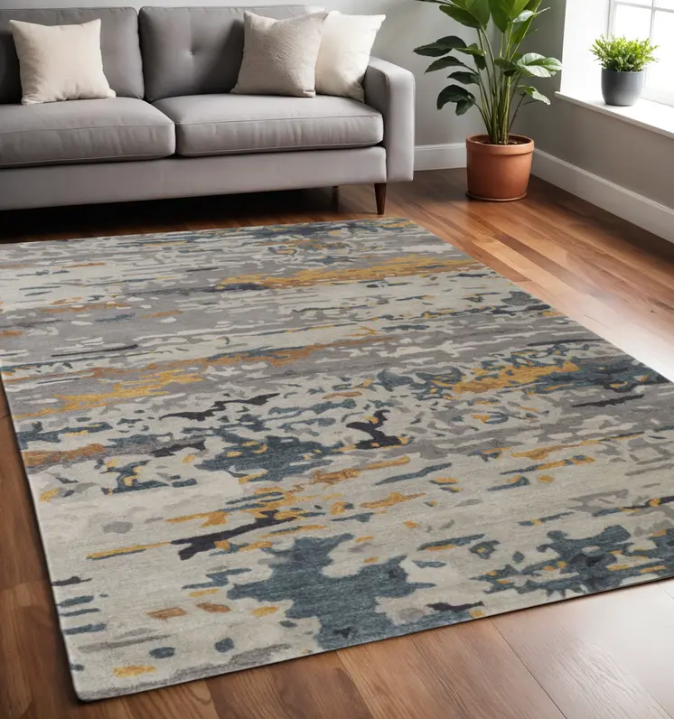 5' X 8' Blue and Gray Wool Abstract Hand Tufted Area Rug
