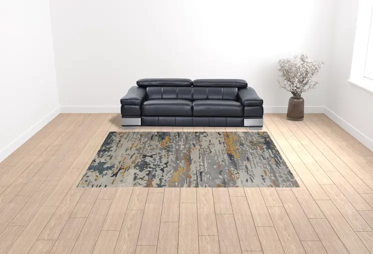 9' X 12' Gray Yellow And Blue Wool Abstract Tufted Handmade Stain Resistant Area Rug