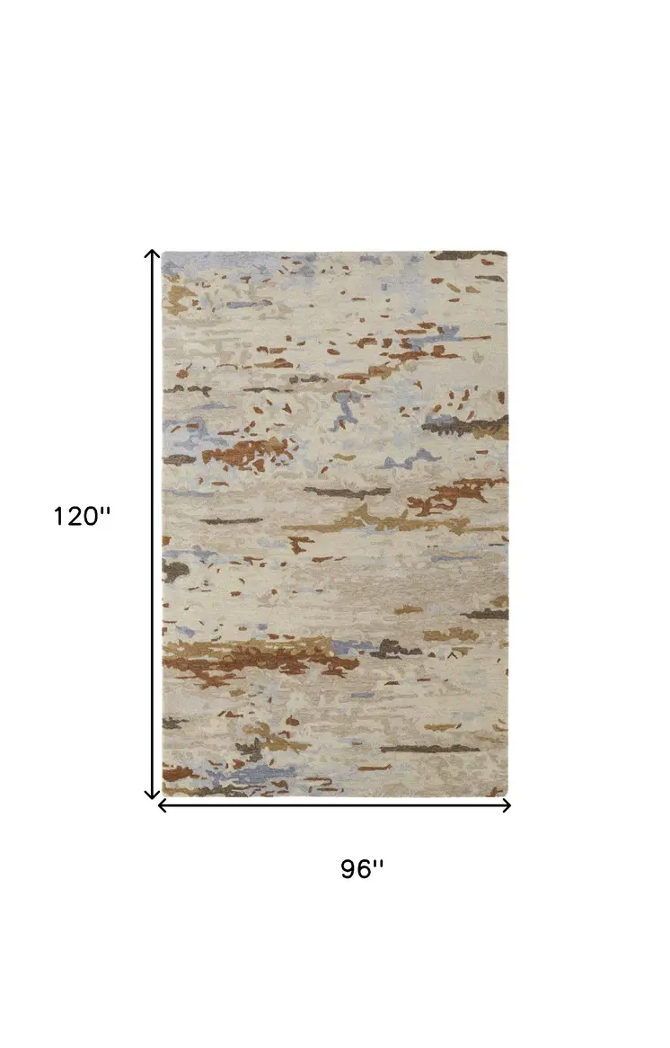 8' X 10' Ivory Blue And Brown Wool Abstract Tufted Handmade Stain Resistant Area Rug