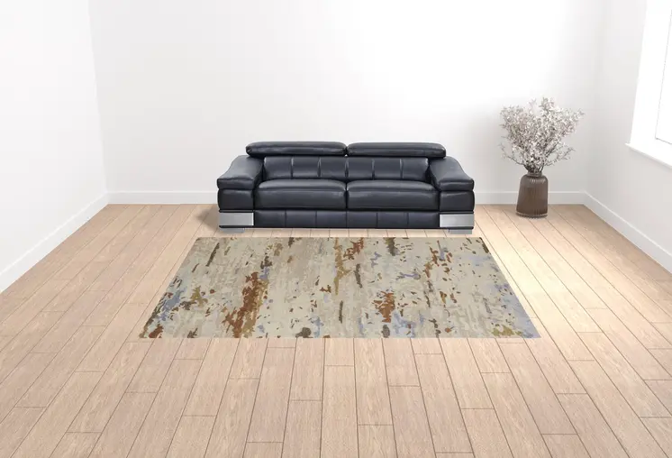 9' X 12' Ivory Blue And Brown Wool Abstract Tufted Handmade Stain Resistant Area Rug