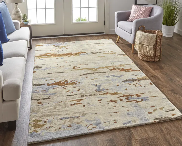 9' X 12' Ivory Blue And Brown Wool Abstract Tufted Handmade Stain Resistant Area Rug