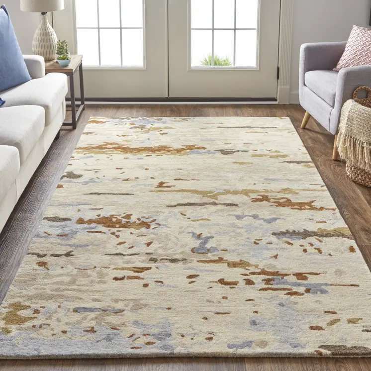 9' X 12' Ivory Blue And Brown Wool Abstract Tufted Handmade Stain Resistant Area Rug
