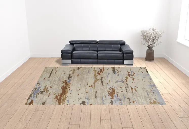 12' X 15' Ivory Blue And Brown Wool Abstract Tufted Handmade Area Rug