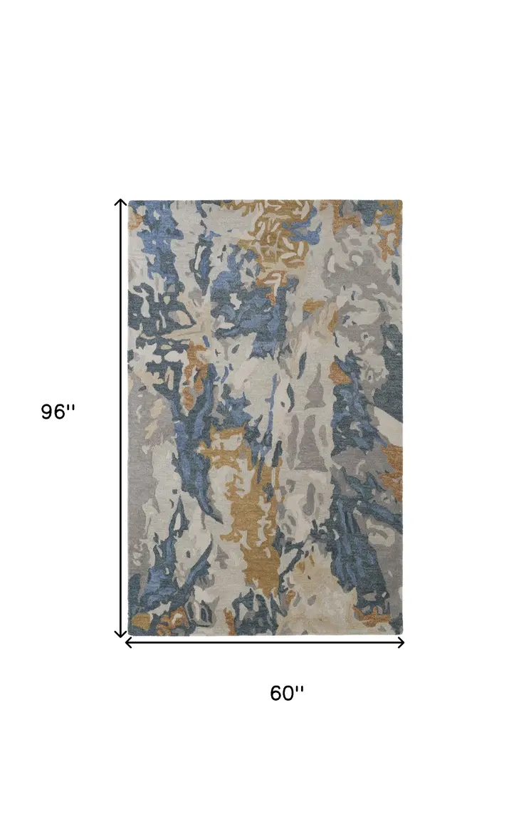 5' X 8' Blue and Gray Wool Abstract Hand Tufted Area Rug