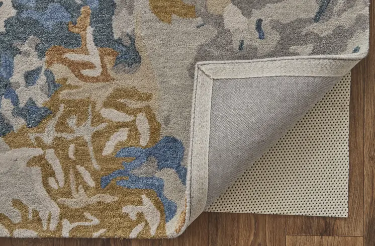 8' X 10' Gray Blue And Gold Wool Abstract Tufted Handmade Stain Resistant Area Rug