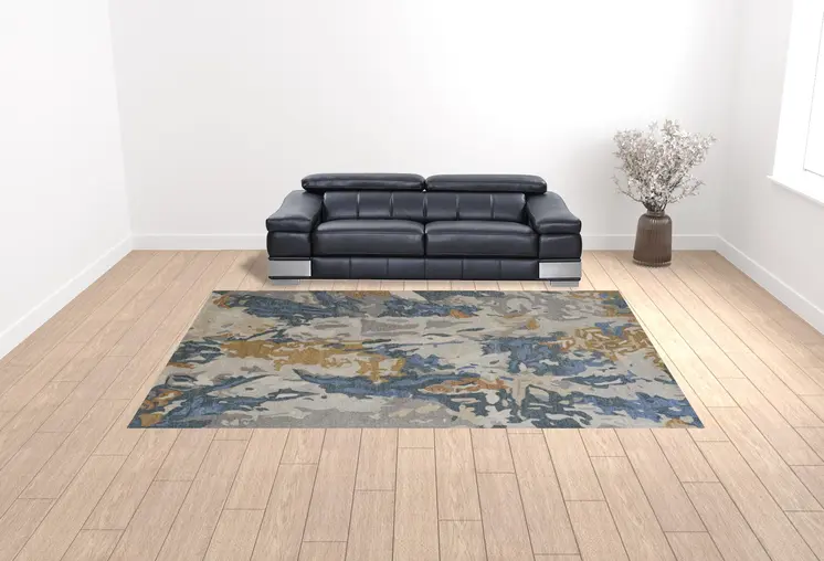 10' X 14' Gray Blue And Gold Wool Abstract Tufted Handmade Stain Resistant Area Rug