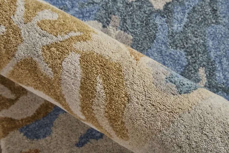 10' X 14' Gray Blue And Gold Wool Abstract Tufted Handmade Stain Resistant Area Rug