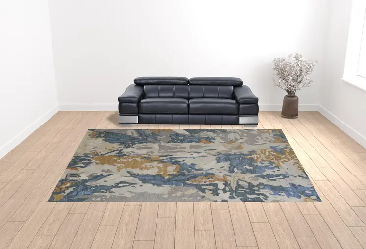 12' X 15' Gray Blue And Gold Wool Abstract Tufted Handmade Area Rug