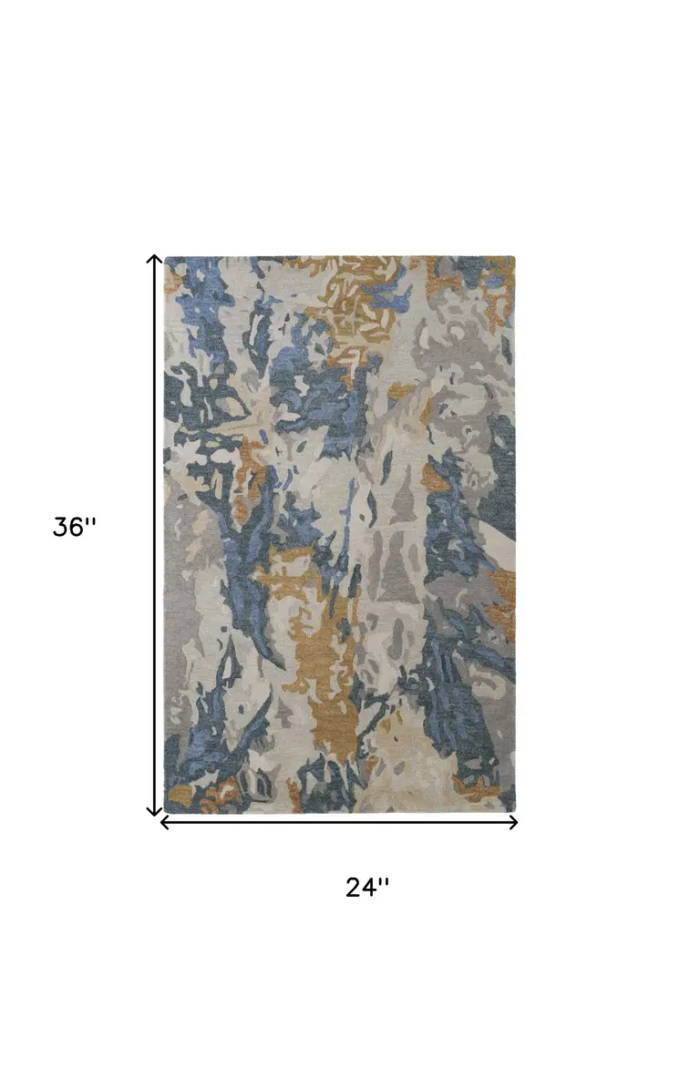 2' X 3' Gray Blue And Gold Wool Abstract Tufted Handmade Area Rug