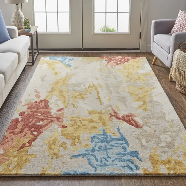 5' X 8' Ivory and Blue Wool Abstract Hand Tufted Area Rug
