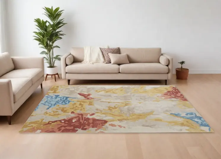 10' X 14' Ivory Yellow And Blue Wool Abstract Tufted Handmade Stain Resistant Area Rug