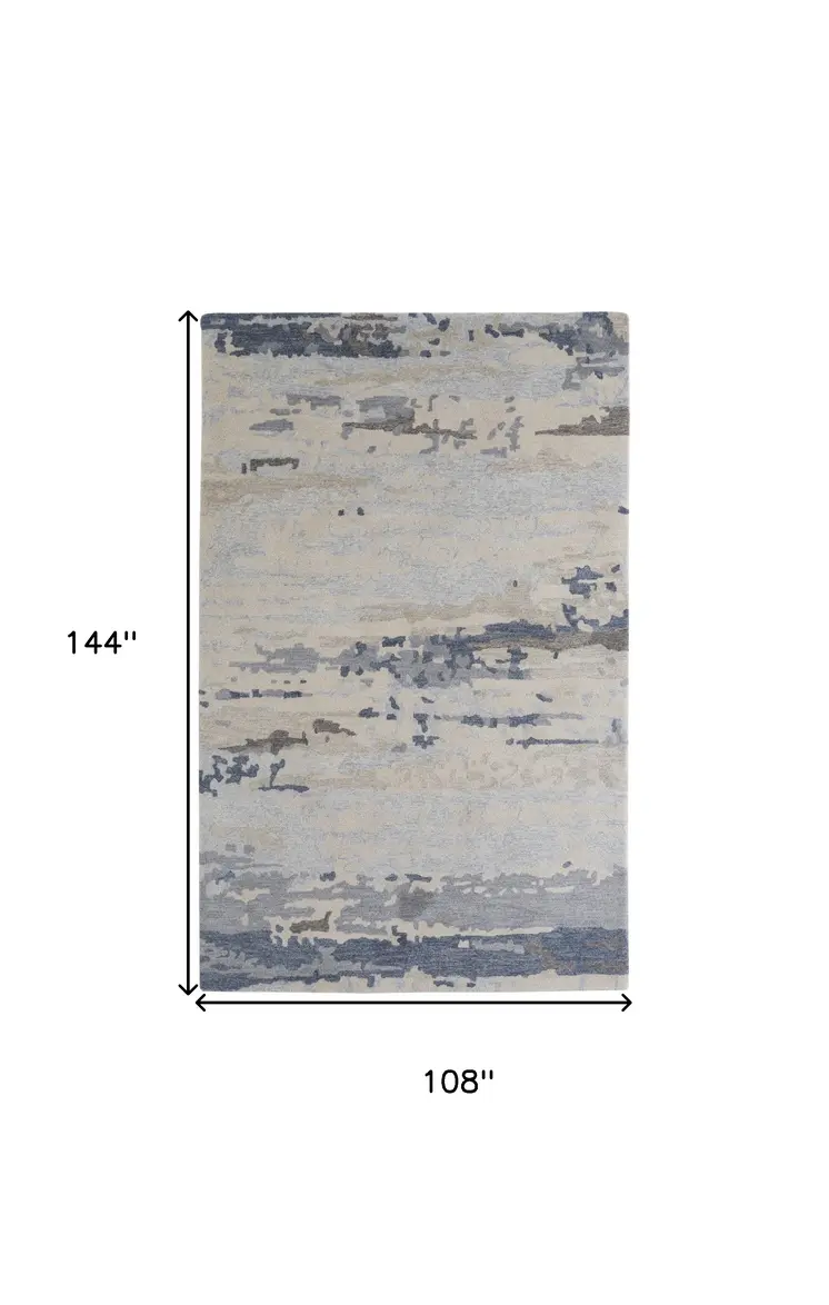 9' X 12' Blue Gray And Ivory Wool Abstract Tufted Handmade Stain Resistant Area Rug
