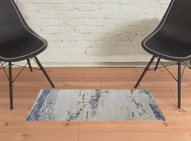 2' X 3' Blue Gray And Ivory Wool Abstract Tufted Handmade Stain Resistant Area Rug