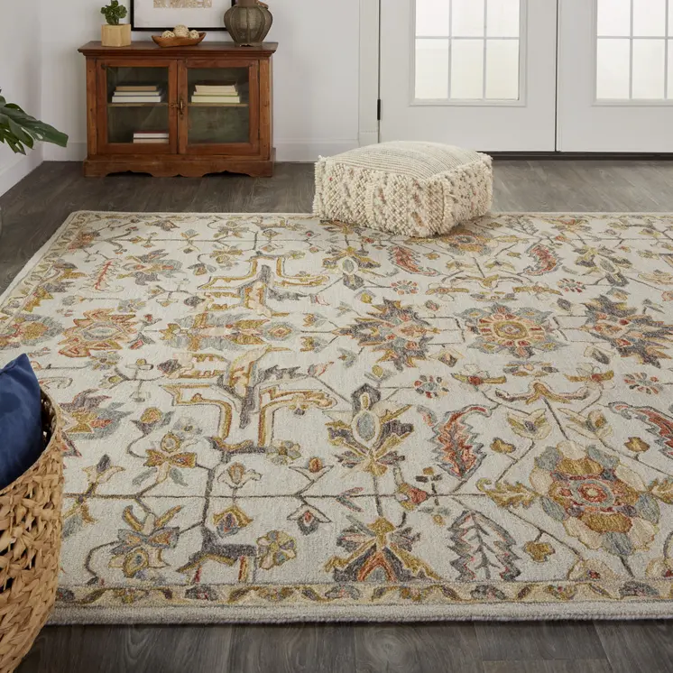 8' X 10' Gray And Gold Wool Floral Tufted Handmade Stain Resistant Area Rug