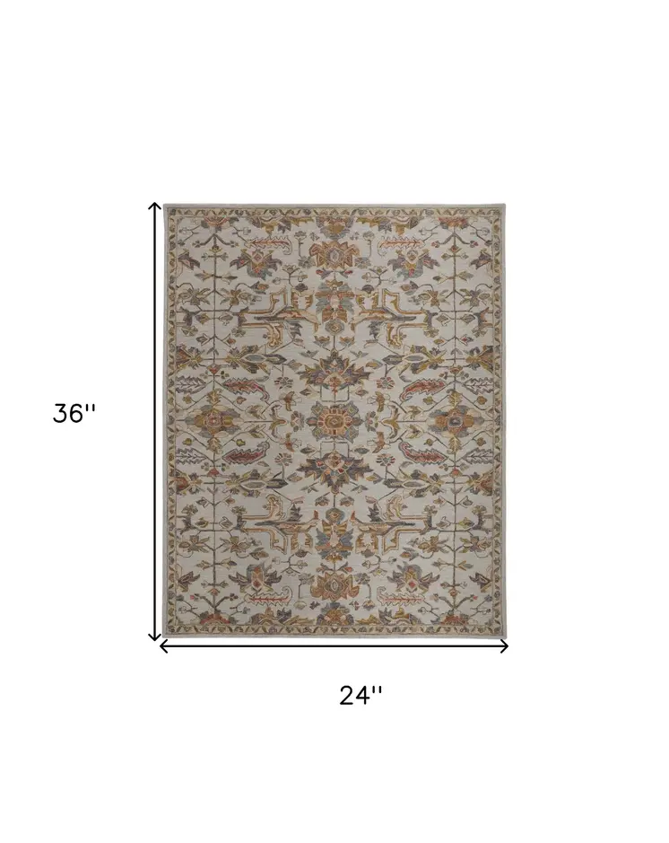 2' X 3' Gray And Gold Wool Floral Tufted Handmade Stain Resistant Area Rug