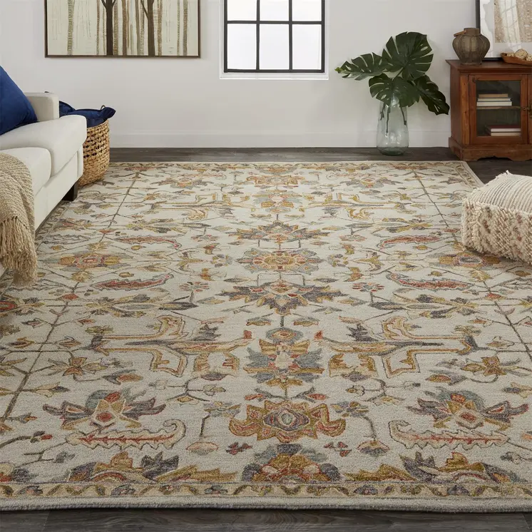 2' X 3' Gray And Gold Wool Floral Tufted Handmade Stain Resistant Area Rug