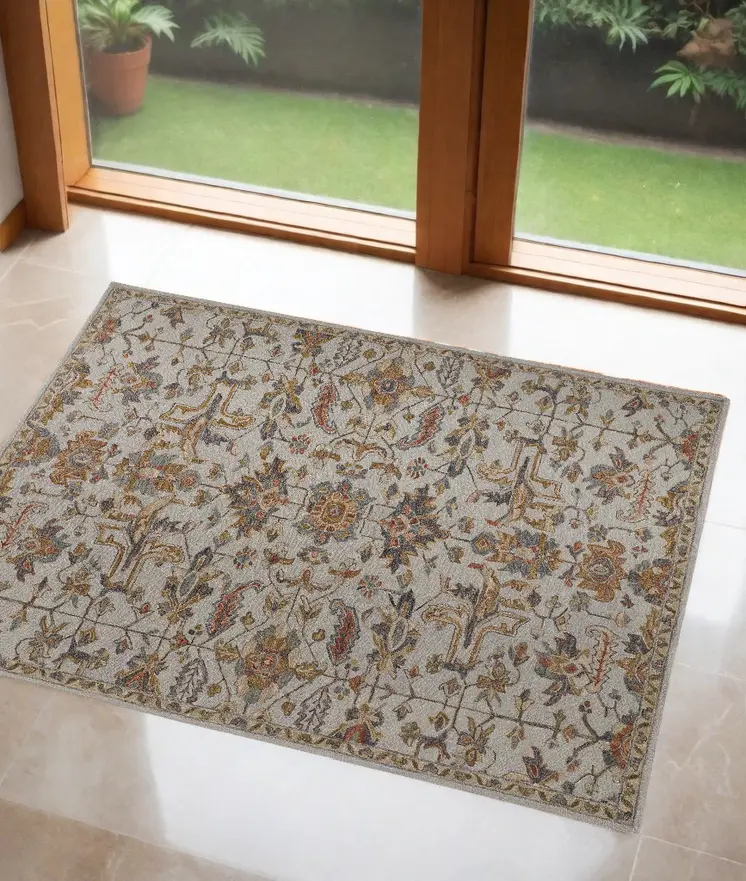 2' X 3' Gray And Gold Wool Floral Tufted Handmade Stain Resistant Area Rug