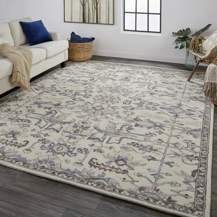 4' X 6' Ivory And Gray Wool Floral Tufted Handmade Stain Resistant Area Rug