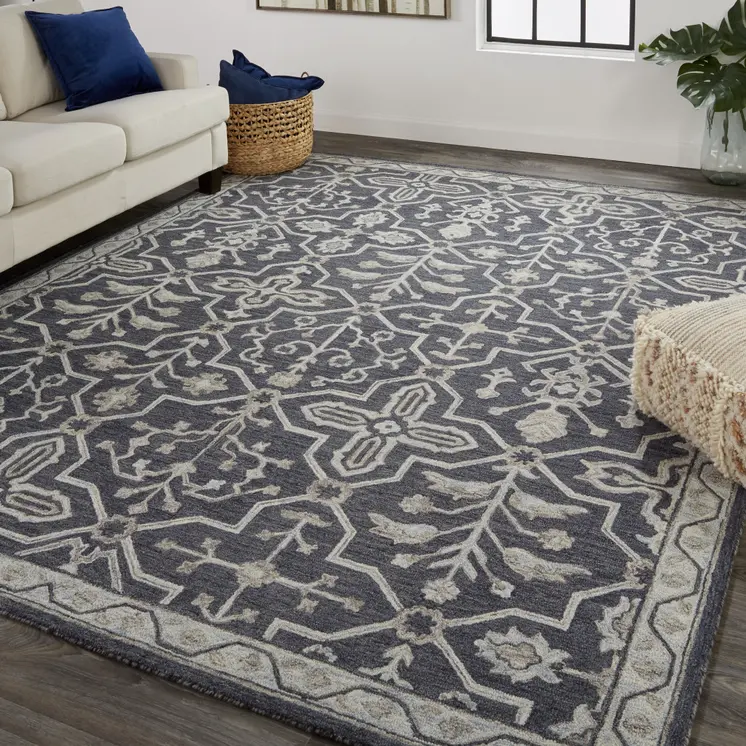 5' X 8' Blue And Gray Wool Floral Tufted Handmade Stain Resistant Area Rug