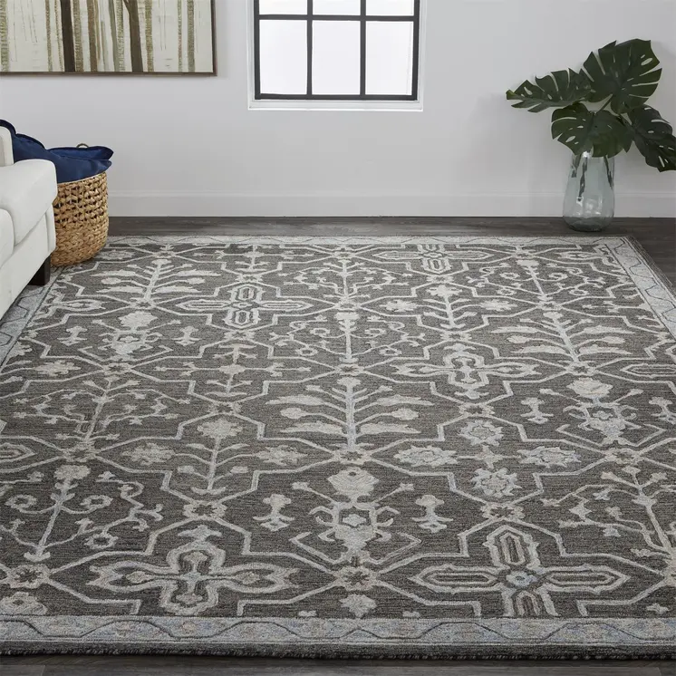 10' X 14' Gray Blue And Ivory Wool Floral Tufted Handmade Stain Resistant Area Rug