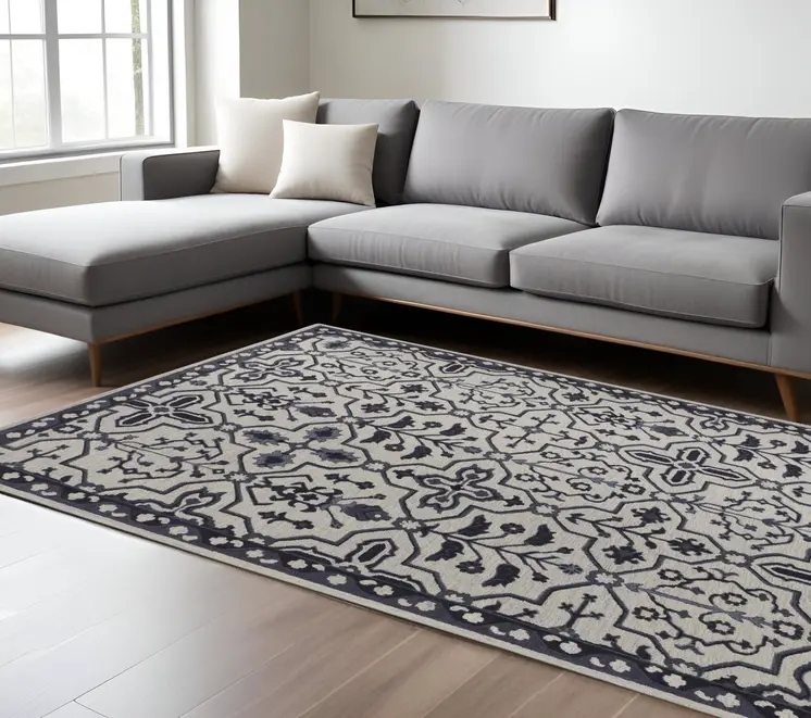 9' X 12' Taupe And Gray Wool Floral Tufted Handmade Stain Resistant Area Rug