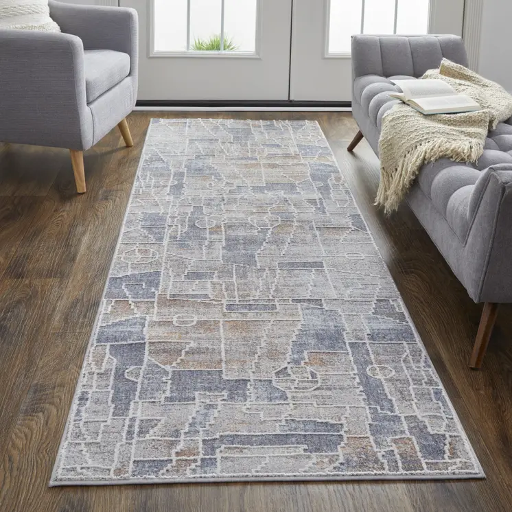 8' Blue Gray And Orange Geometric Power Loom Stain Resistant Runner Rug