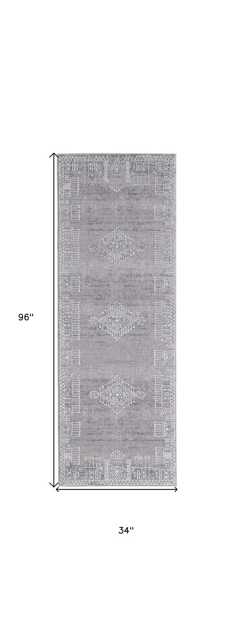 8' Gray Ivory And Orange Geometric Power Loom Distressed Stain Resistant Runner Rug