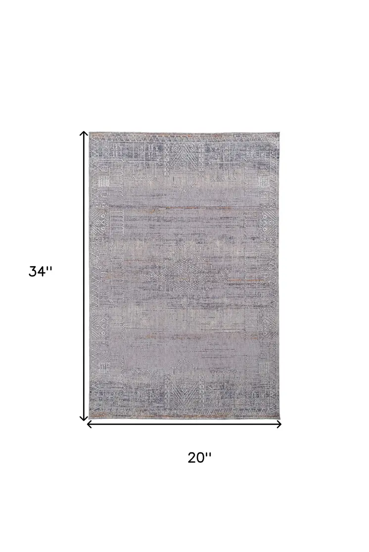 2' X 3' Gray Ivory And Orange Geometric Power Loom Distressed Stain Resistant Area Rug