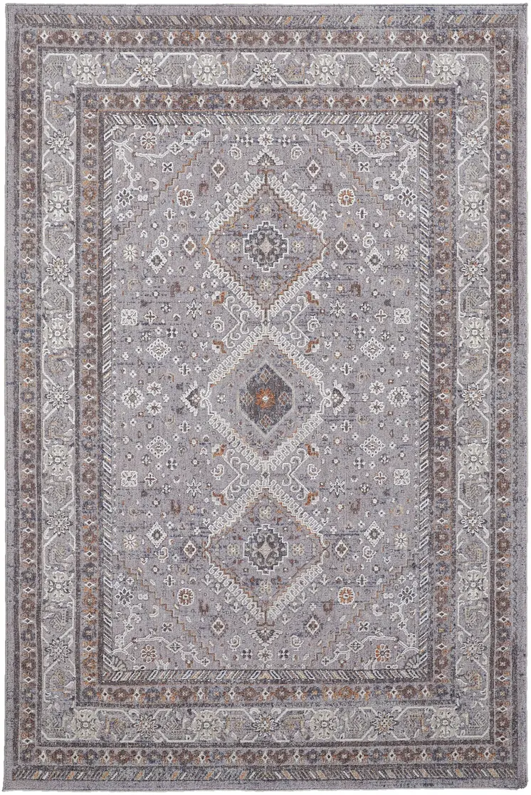 10' X 13' Gray Orange And Ivory Floral Power Loom Stain Resistant Area Rug