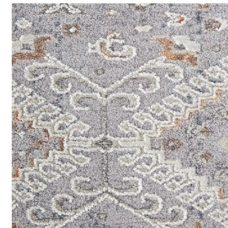 8' Gray Orange And Ivory Floral Power Loom Stain Resistant Runner Rug