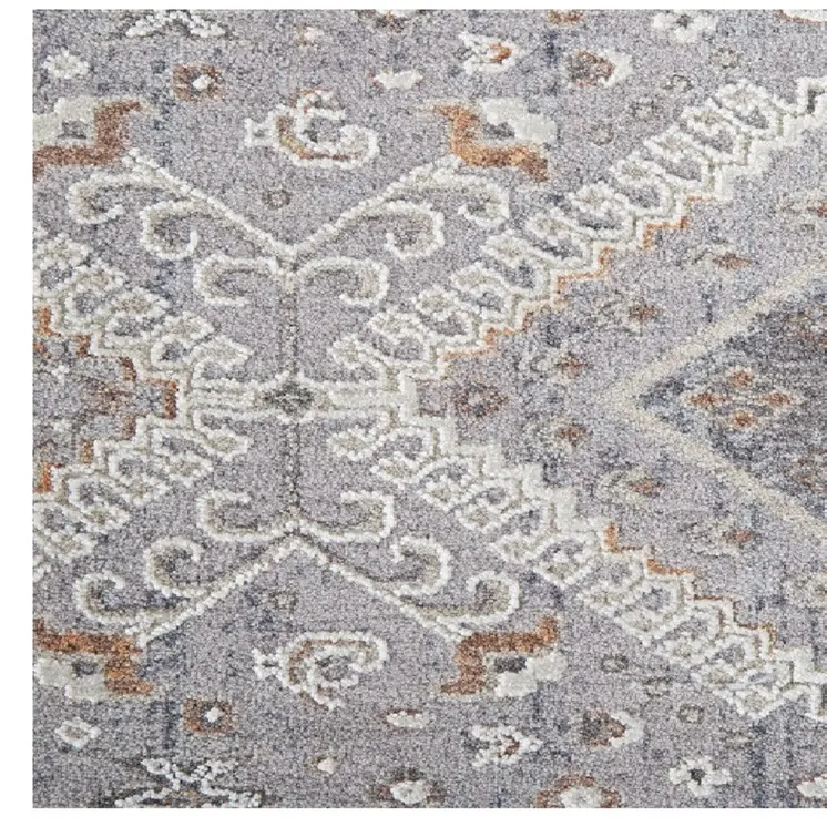 8' Gray Orange And Ivory Floral Power Loom Stain Resistant Runner Rug