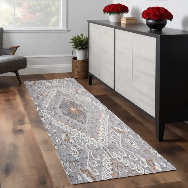8' Gray Orange And Ivory Floral Power Loom Stain Resistant Runner Rug