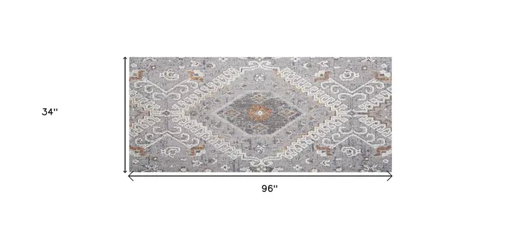 8' Gray Orange And Ivory Floral Power Loom Stain Resistant Runner Rug